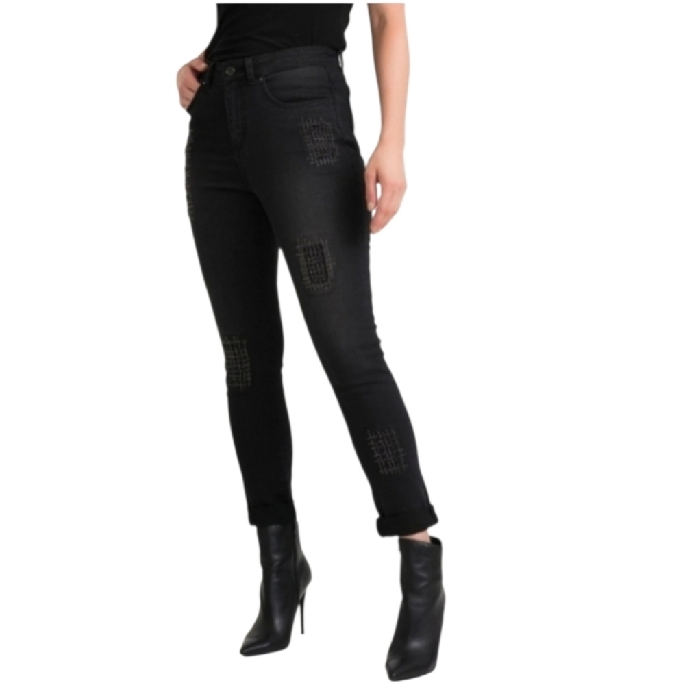 Joseph Ribkoff Women's Jeans Embellished Patch Details Black Size 18